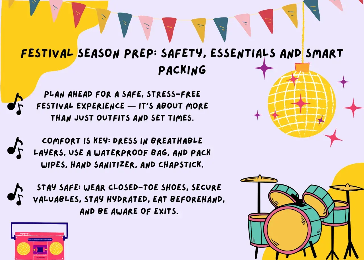 Festival prep tips: what to bring for comfort & safety. Includes essentials like breathable layers, waterproof bags, sanitizer, and closed-toe shoes for a stress-free experience.