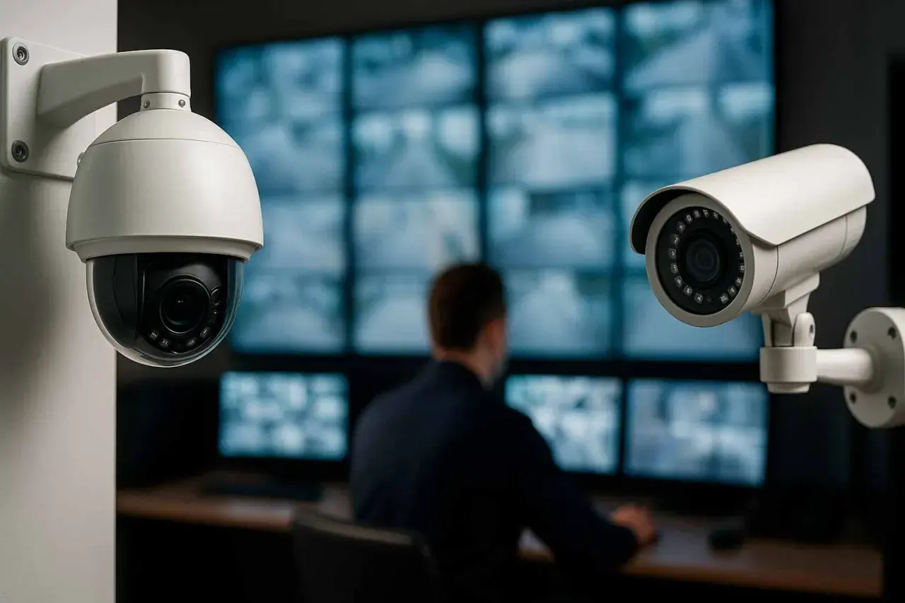 Cámaras de videovigilancia y CCTV en un centro de monitoreo. La diferencia entre CCTV y videovigilancia se ilustra con estos dispositivos.