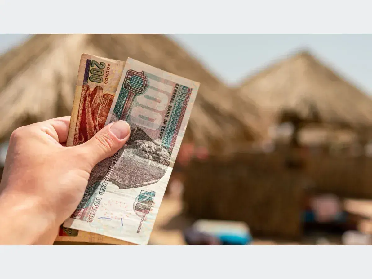 Ręka trzyma banknoty 100 i 200 funtów egipskich. Planujesz podróż do Egiptu i zastanawiasz się, jakie dolary zabrać?