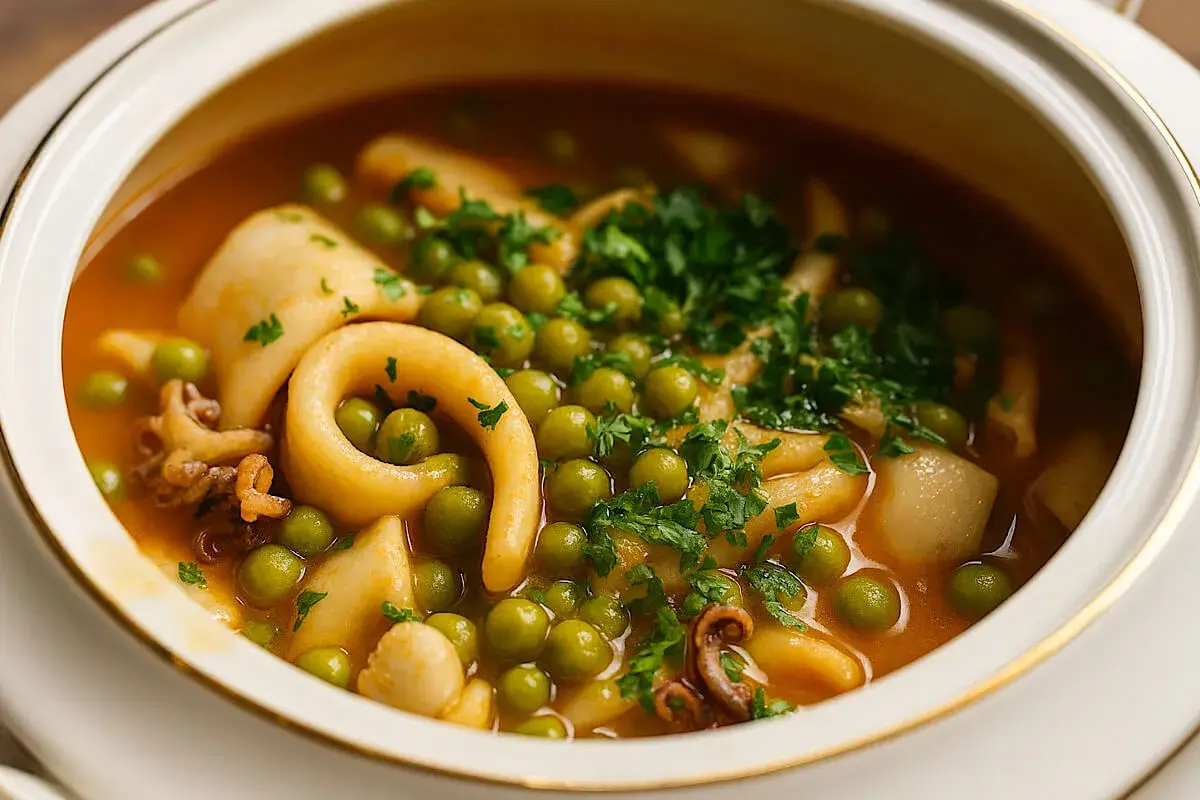 Un gustoso piatto di seppioline surgelate con piselli, cotte in un sugo saporito e guarnite con prezzemolo fresco.
