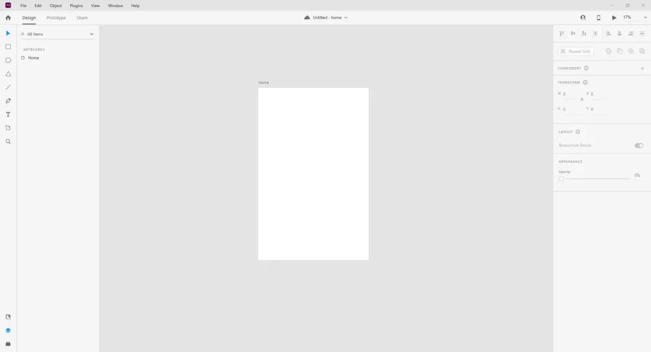 Interfejs programu Adobe XD z pustym obszarem roboczym "Home" i panelami po prawej stronie, gotowy do projektowania.