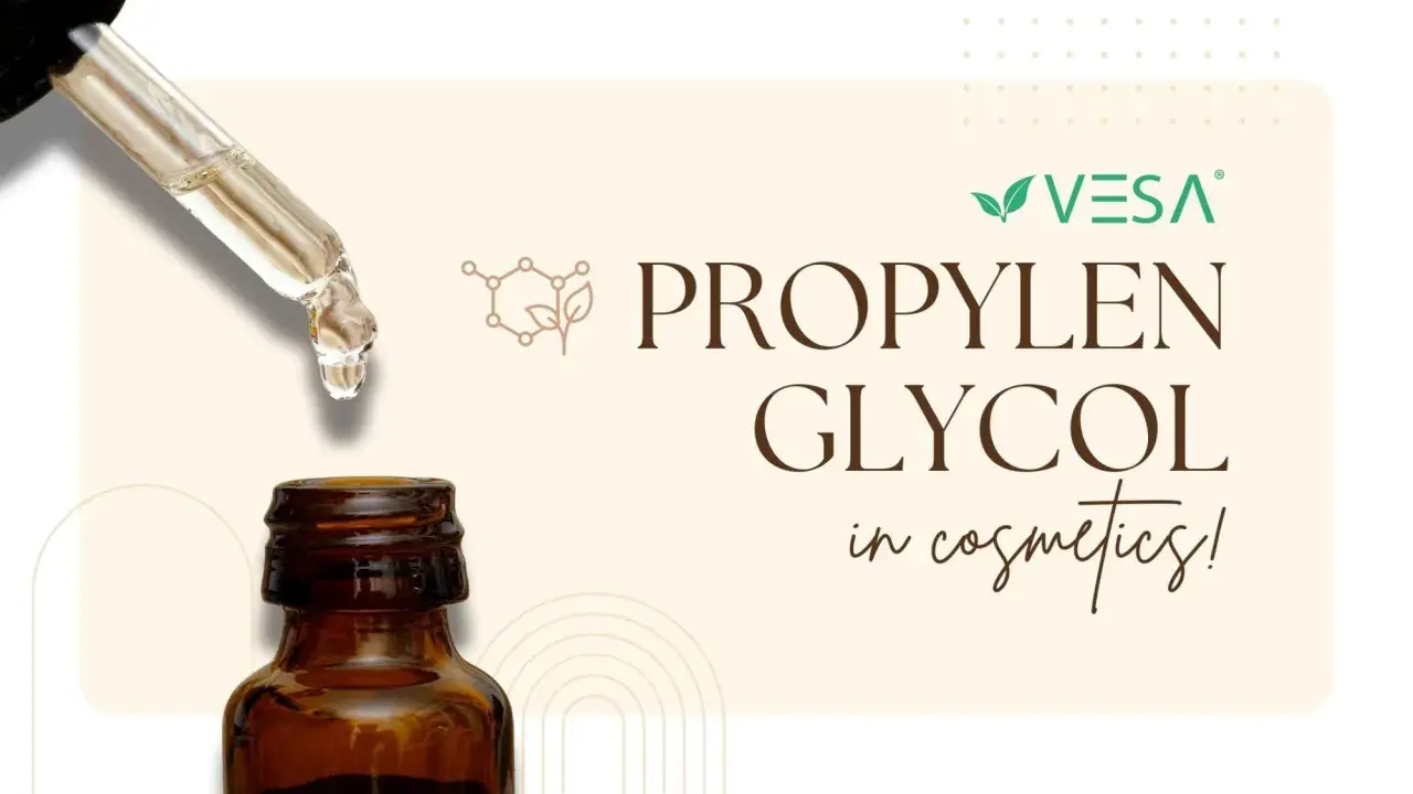 Kropla płynu z pipety spada do buteleczki. Tekst informuje, co to jest glikol propylenowy w kosmetykach.