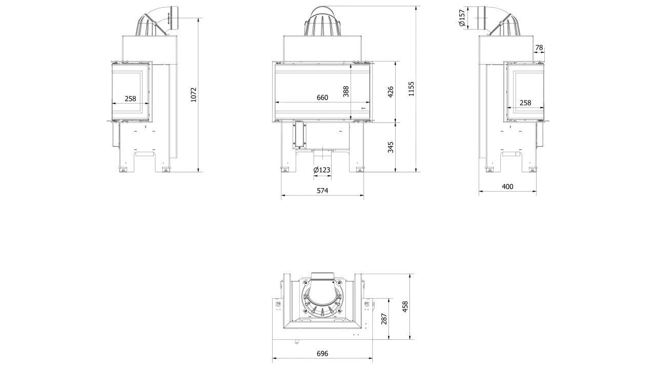 Rysunek techniczny przedstawia wkłady kominkowe z podanymi wymiarami: szerokość 660 mm, wysokość 388 mm, głębokość 400 mm.
