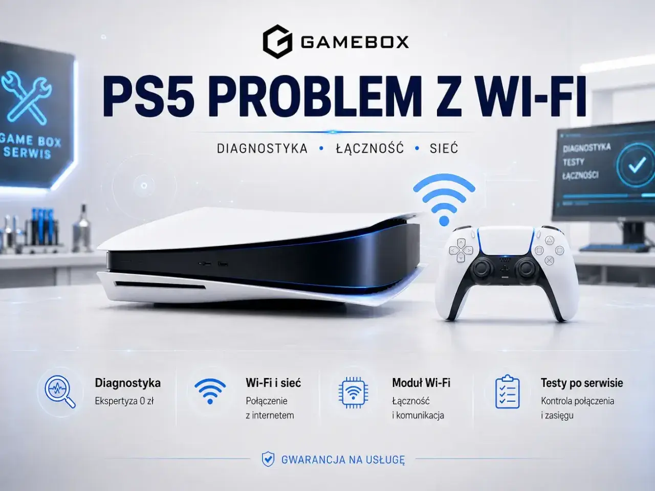 Playstation 5 z problemem z Wi-Fi. Serwis Game Box oferuje diagnostykę, naprawę modułu Wi-Fi i testy połączenia.