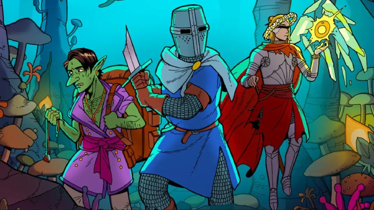 Goblin, rycerz i mag w surrealistycznym krajobrazie pełnym grzybów. To przygoda w stylu planescape.