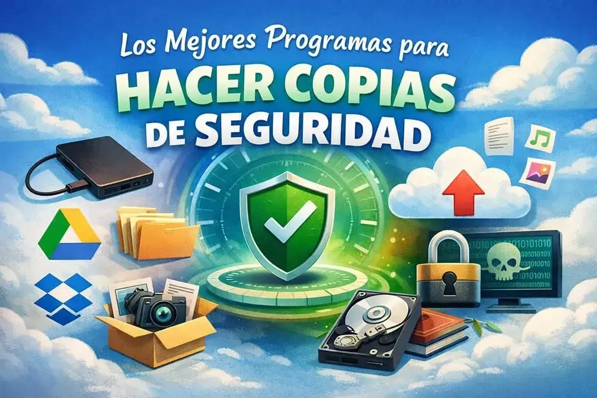 Ilustración sobre para que sirve una copia de seguridad, con iconos de disco duro, nube, candado, carpetas y cámara.