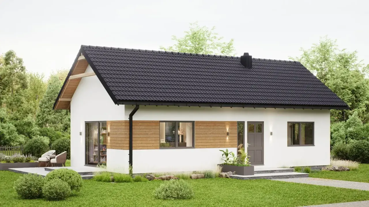 Nowoczesny dom 70m2 pod klucz, z drewnianymi elementami i dużymi oknami. Idealny dla rodziny, koszt budowy przystępny.