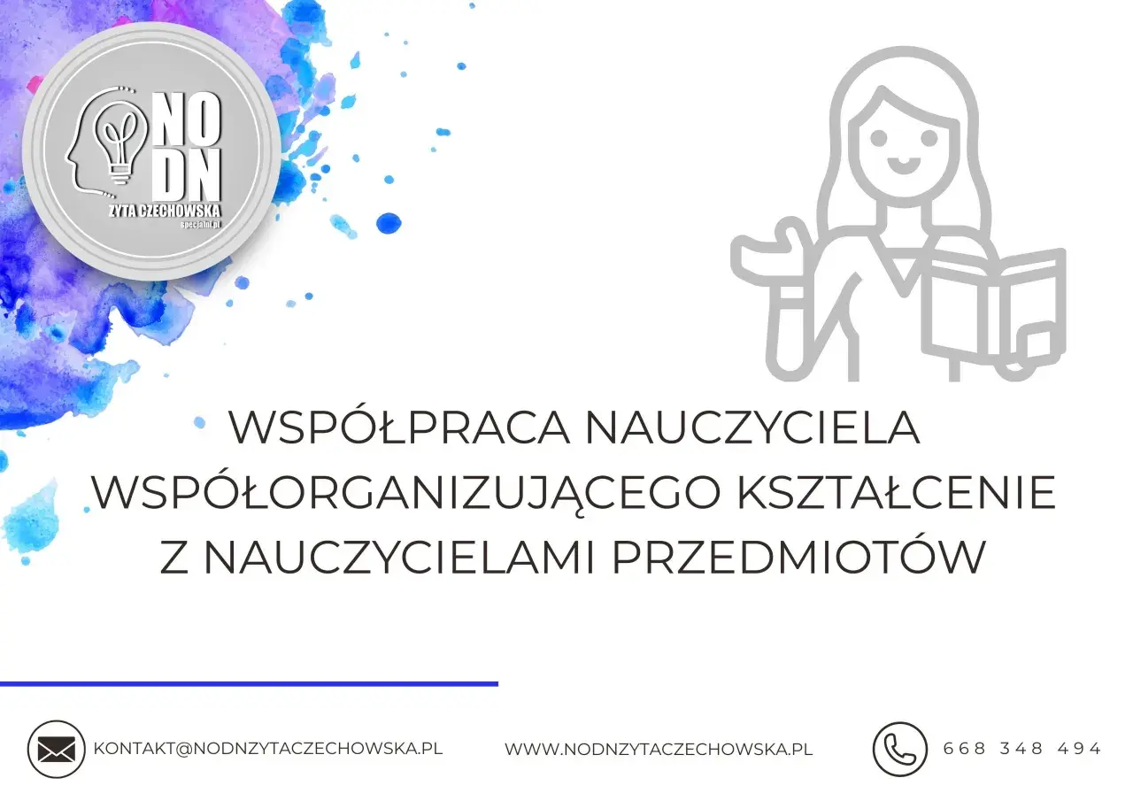 Grafika z logo, ikoną nauczycielki z książką i tekstem o współpracy nauczycieli.
