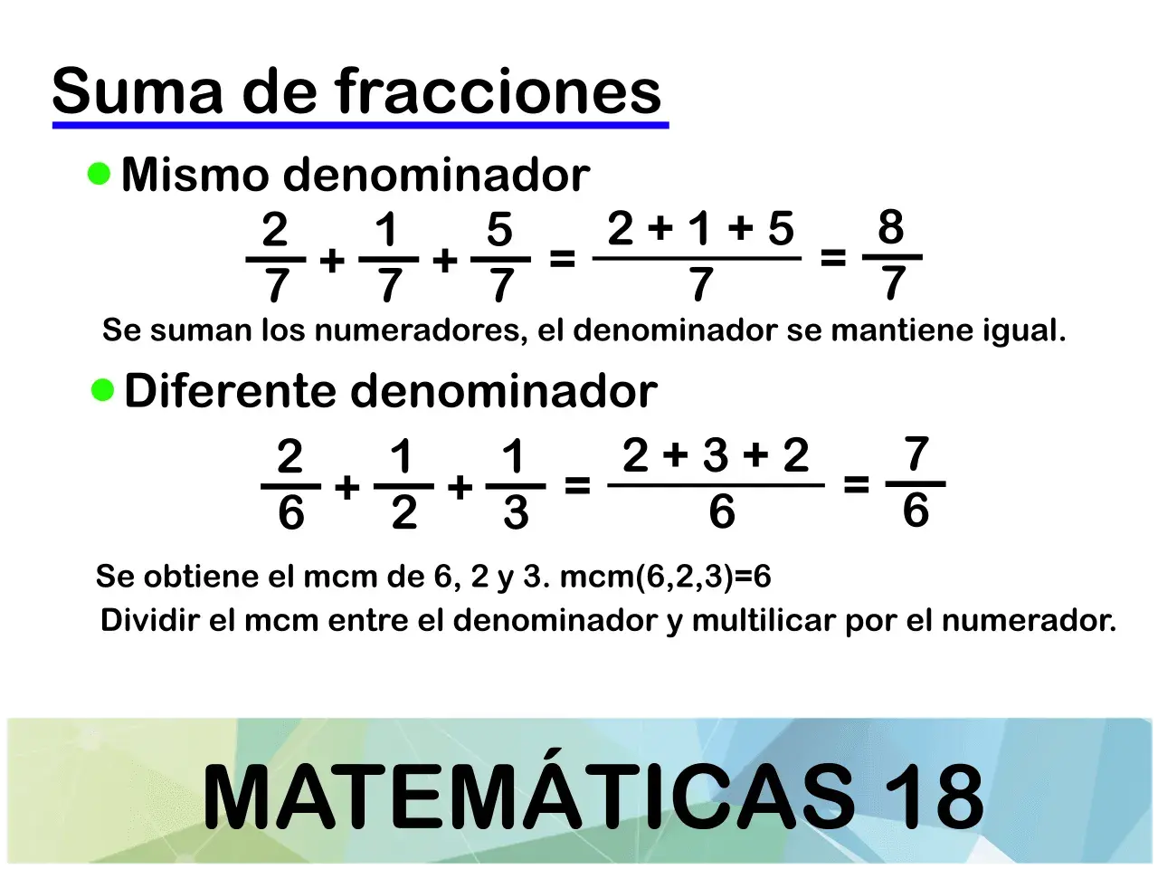 Ejemplo de suma de fracciones con igual y diferente denominador. Se explica cómo sumar numeradores o hallar el mcm.