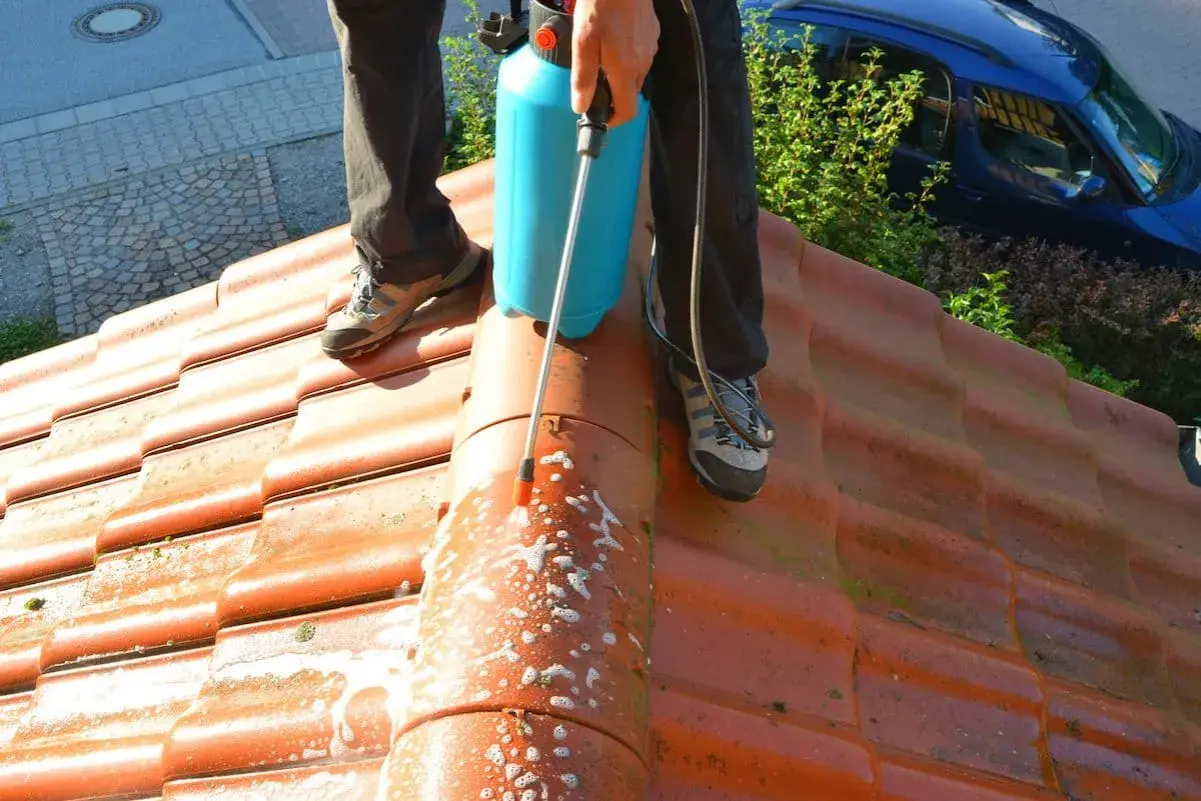 Person utför mossborttagning tak med en sprayflaska. Takpannorna är orange och det syns skum på dem.
