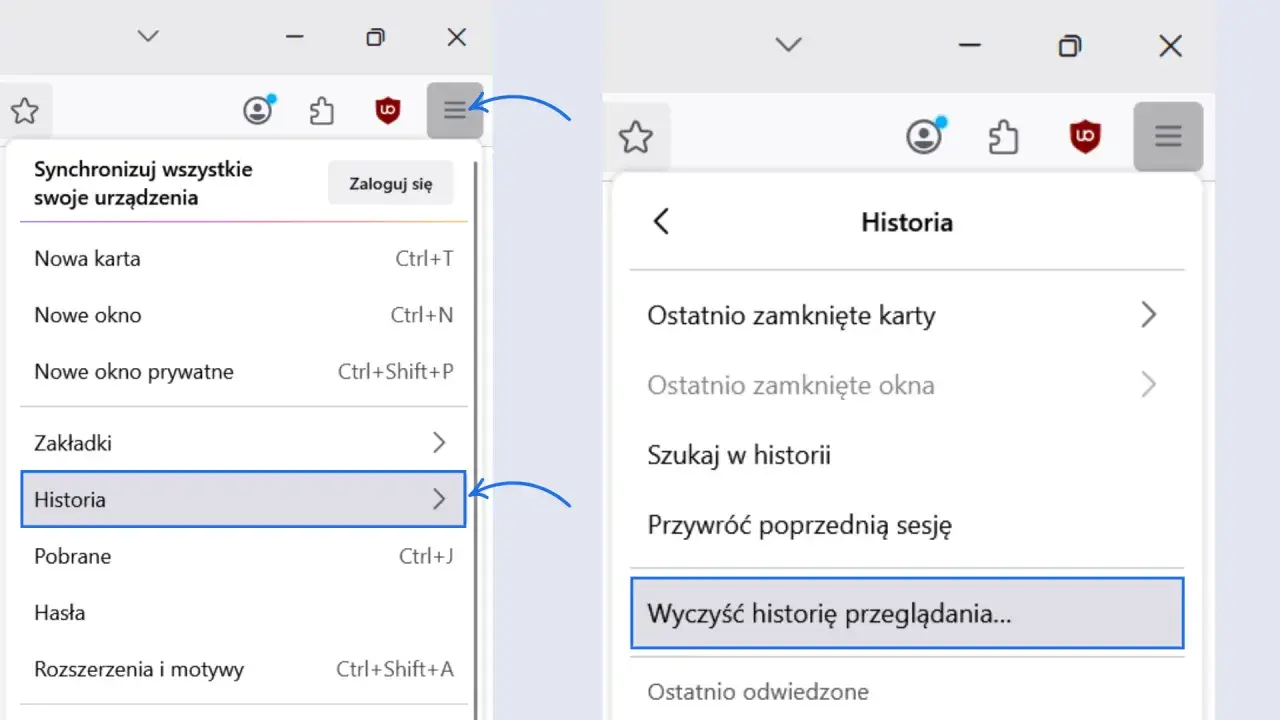 Menu przeglądarki pokazuje, jak wyczyścić pamięć podręczną, wybierając "Historia", a następnie "Wyczyść historię przeglądania...".