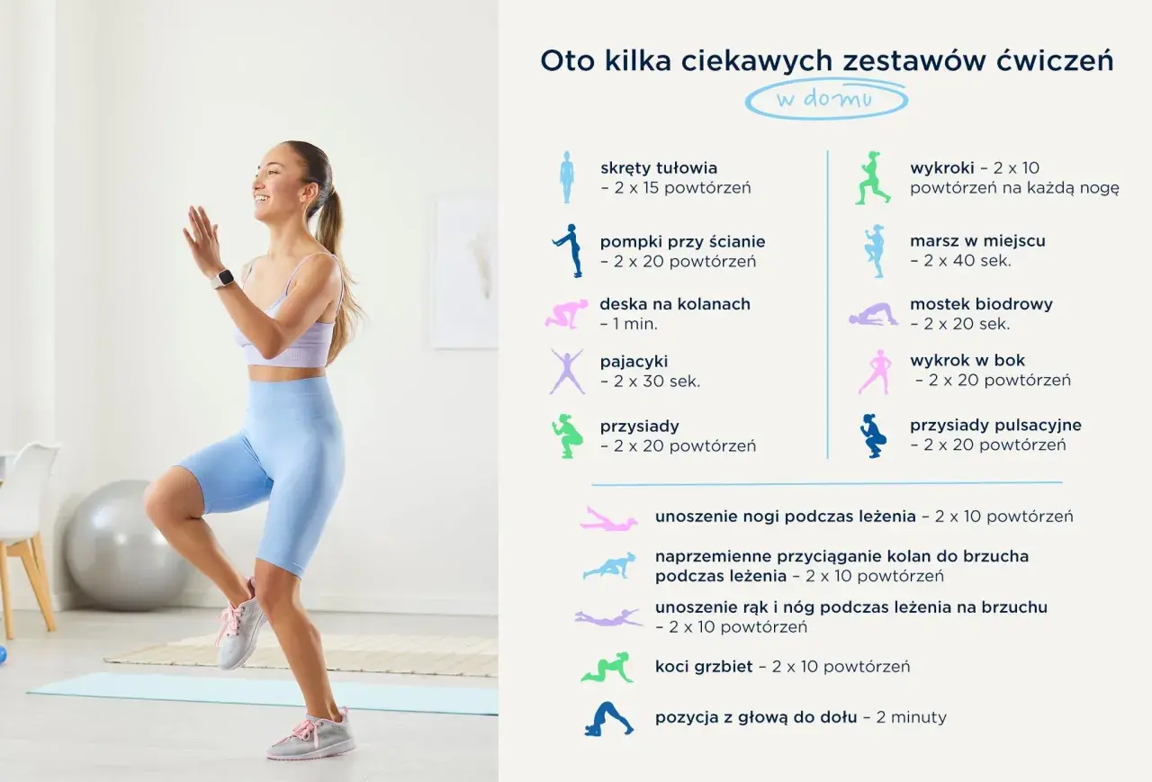 Uśmiechnięta kobieta ćwiczy w domu, wykonując dynamiczne ruchy. Obok lista ćwiczeń, np. wykroki, pompki, przysiady.