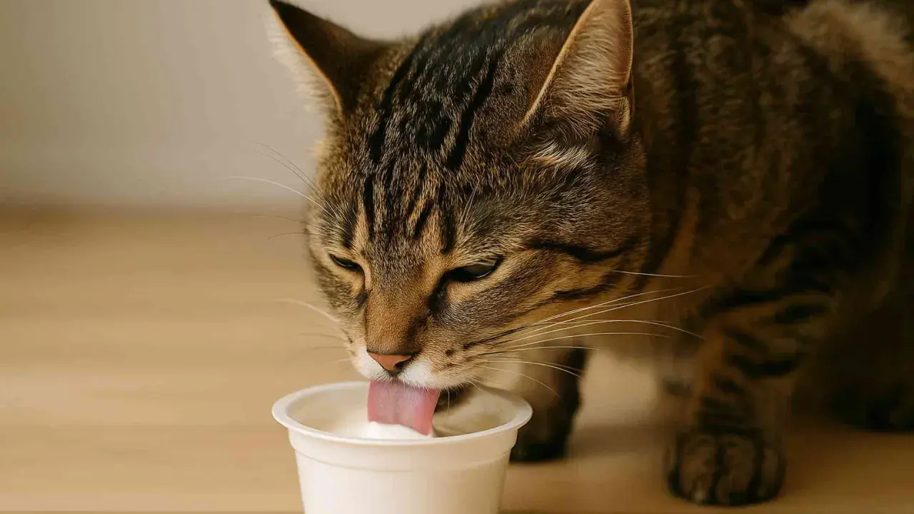 Un gato atigrado saborea yogur de un recipiente blanco. ¡Sí, los gatos pueden comer yogur!