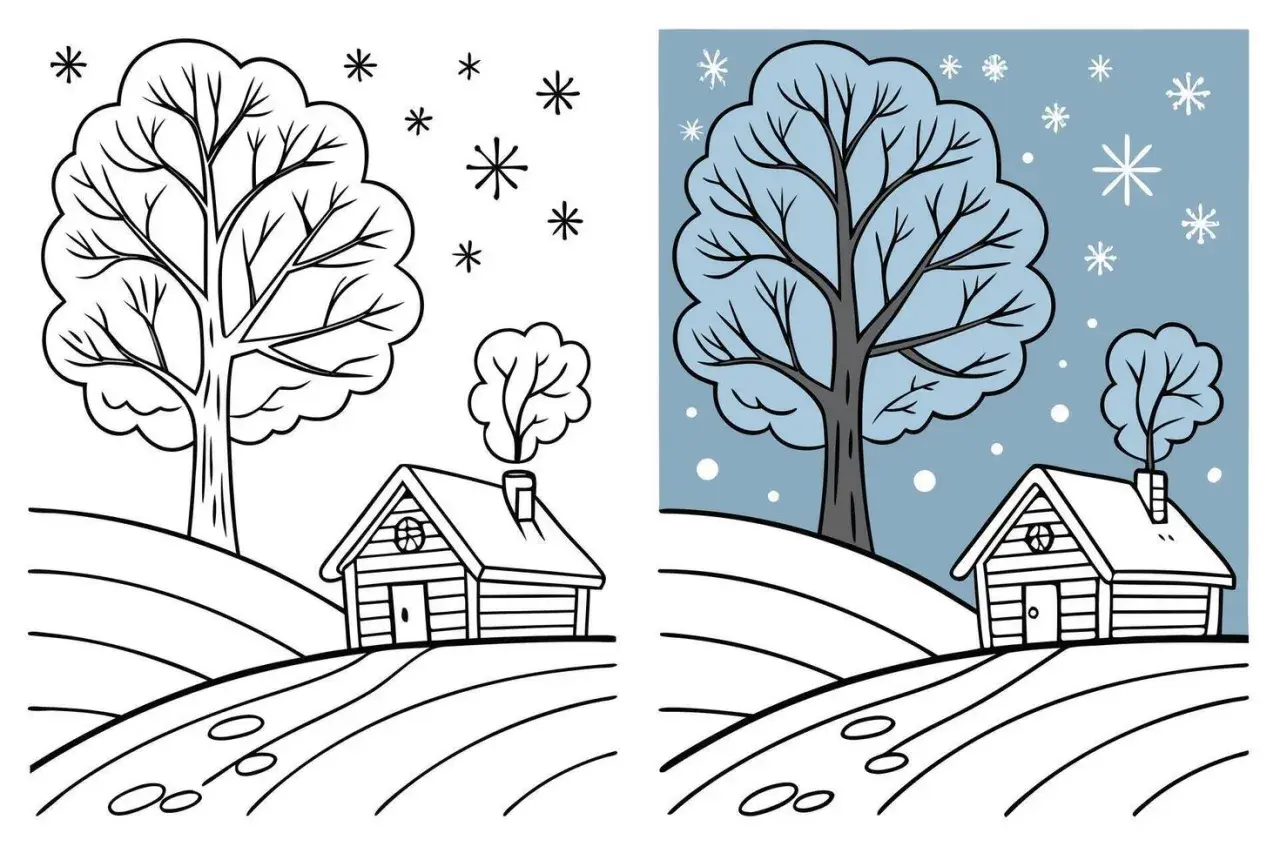 Dos escenas de dibujos de invierno: una casa y un árbol en blanco y negro, y otra con fondo azul y nieve cayendo.
