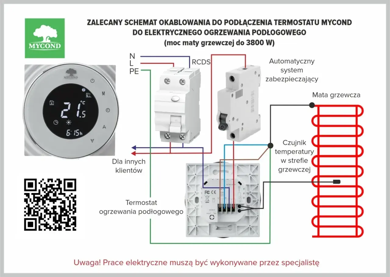 Schemat podłączenia termostatu do maty grzewczej. Pokazuje, jak zamocować czujnik temperatury w piecu co, aby zapewnić prawidłowe działanie ogrzewania podłogowego.