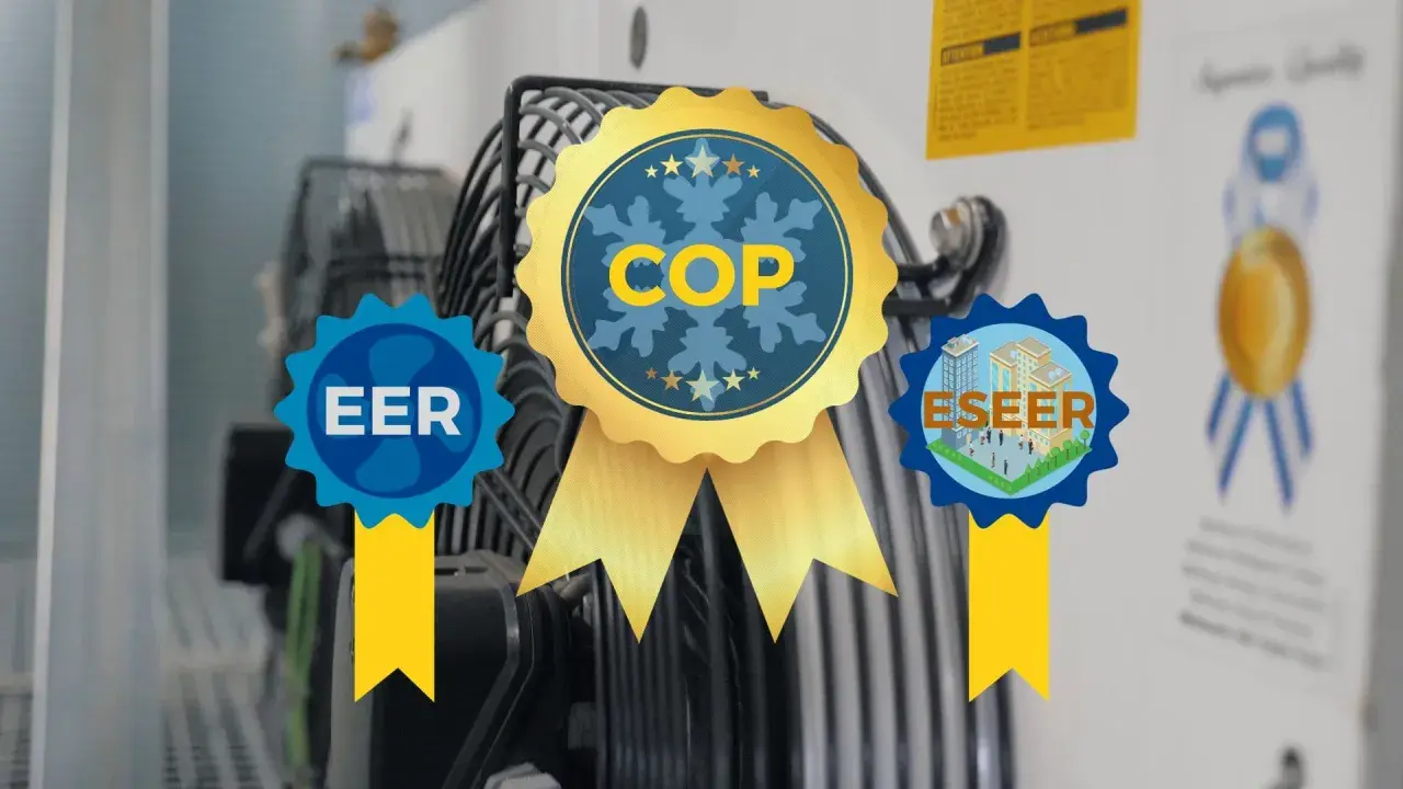 Medallas de eficiencia energética: COP, EER y ESEER, destacando el rendimiento de un equipo.