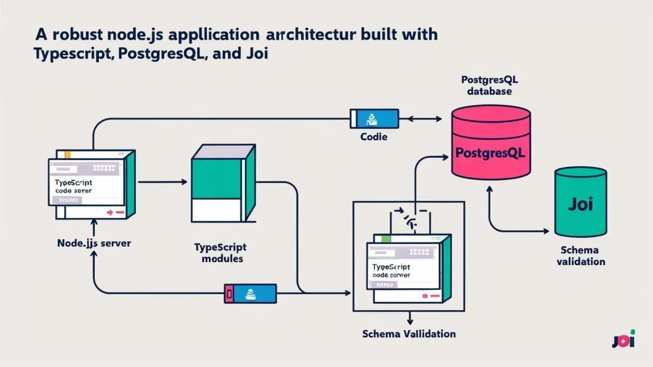 Architecture d'une application Node.js robuste avec TypeScript, PostgreSQL et Joi. Le serveur Node.js utilise TypeScript pour les modules et la validation de schéma.
