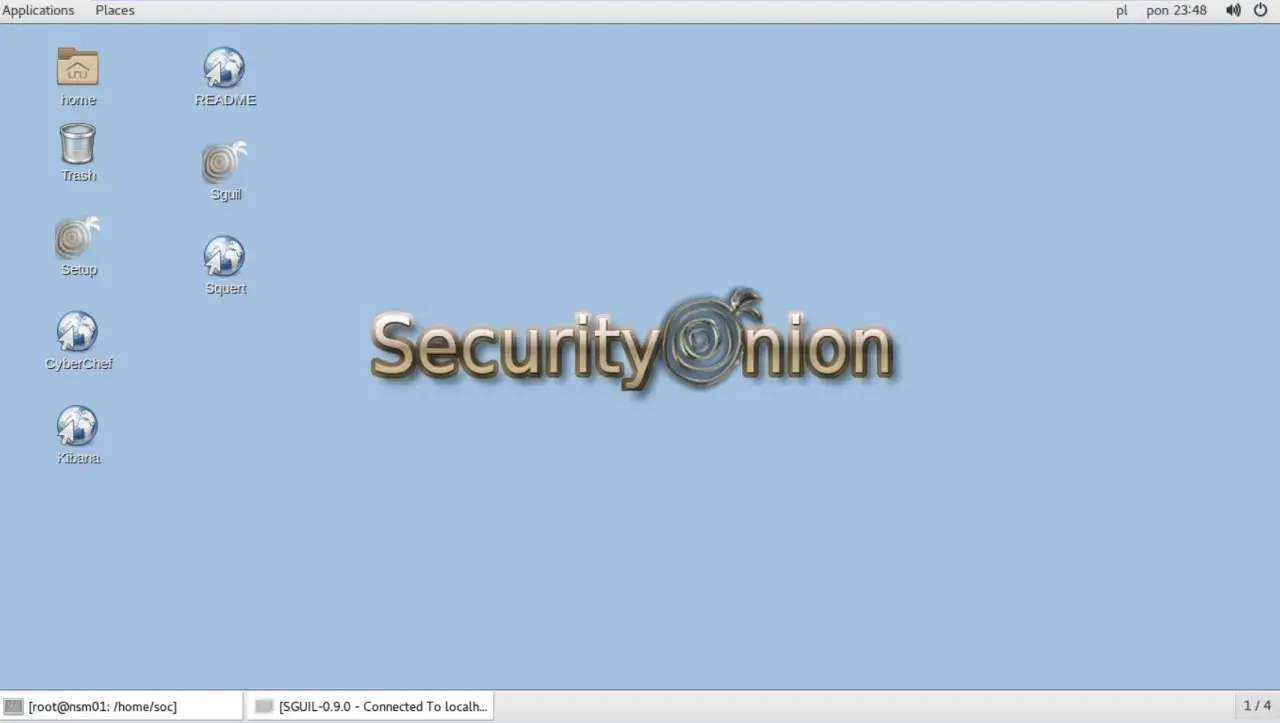 Pulpit z ikonami: Home, Trash, Setup, CyberChef, Kibana, README, Sguil, Squert. W centrum logo "Security Onion".