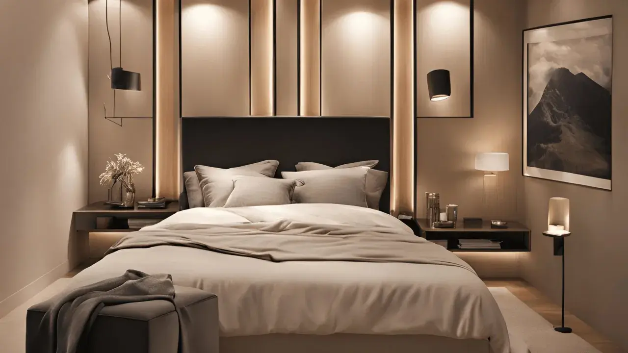 Dormitorio moderno con cama confortable, aplique pared USB para cargar dispositivos, iluminación ambiental y cuadro de montaña.