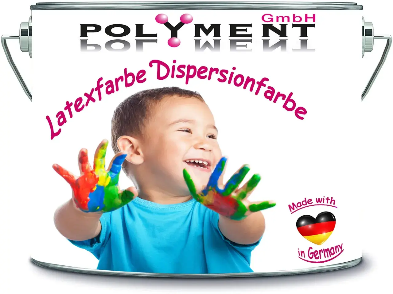 Radosny chłopiec z kolorowymi dłońmi, gotowy do malowania. Na puszce napis "Latexfarbe Dispersionfarbe".