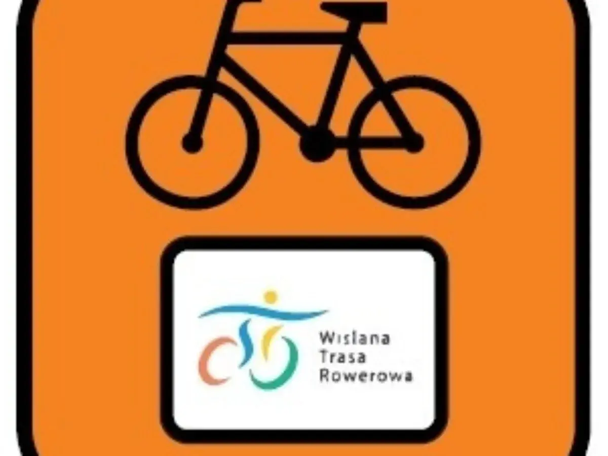 Znak rowerowy z symbolem roweru i logo "Wiślana Trasa Rowerowa". Idealny do planowania podróży z plikiem GPX.