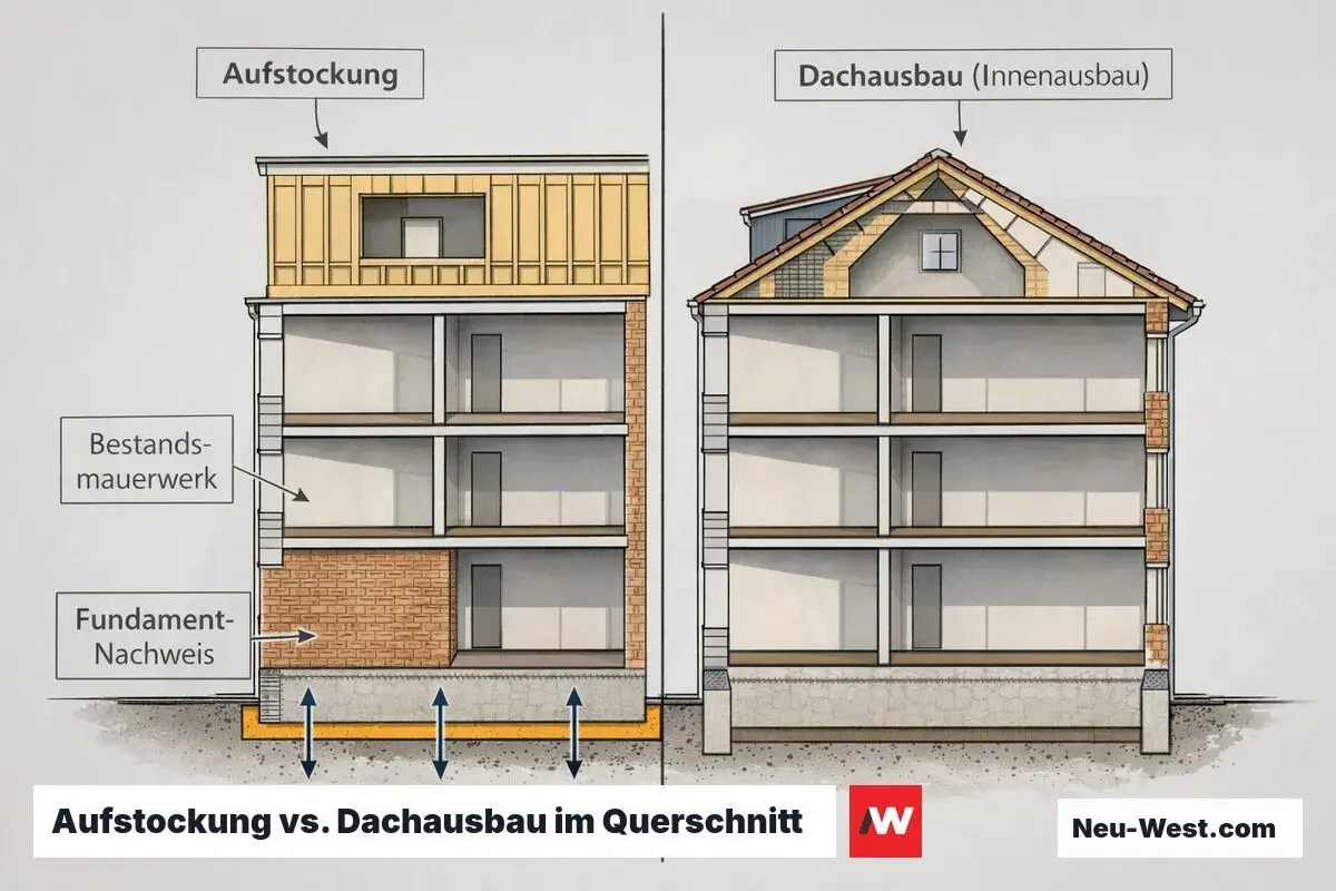 Querschnitt zeigt Aufstockung vs. Dachausbau. Links: Aufstockung auf Bestand. Rechts: Dachausbau (Innenausbau) im bestehenden Dachstuhl.