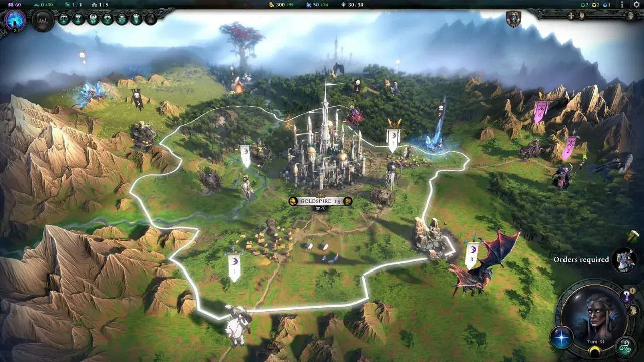 Mapa strategiczna z gry Age of Wonders: majestatyczny zamek, góry, lasy i jednostki.