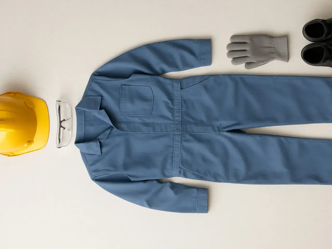 Equipo de protección personal: mono azul, casco amarillo, gafas, guantes grises y botas negras.