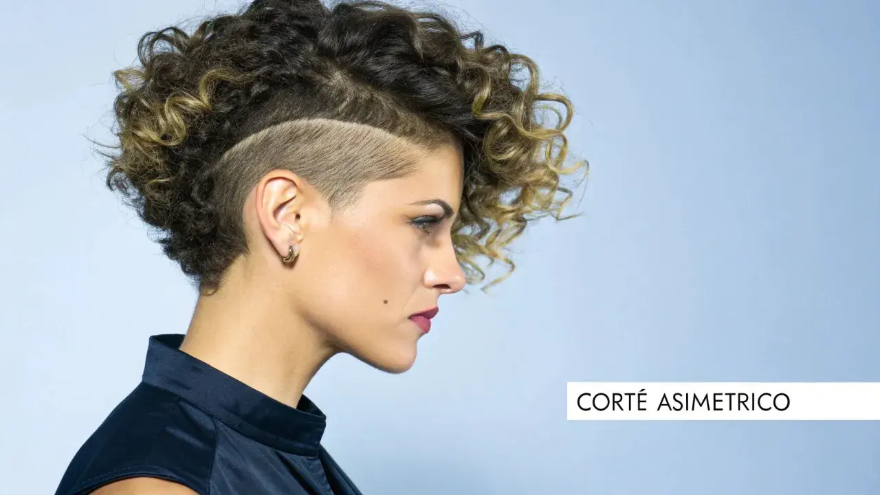 Mujer con pelo corto rizado juvenil, rapado a los lados y con volumen arriba. Un corte asimétrico que resalta su estilo audaz.