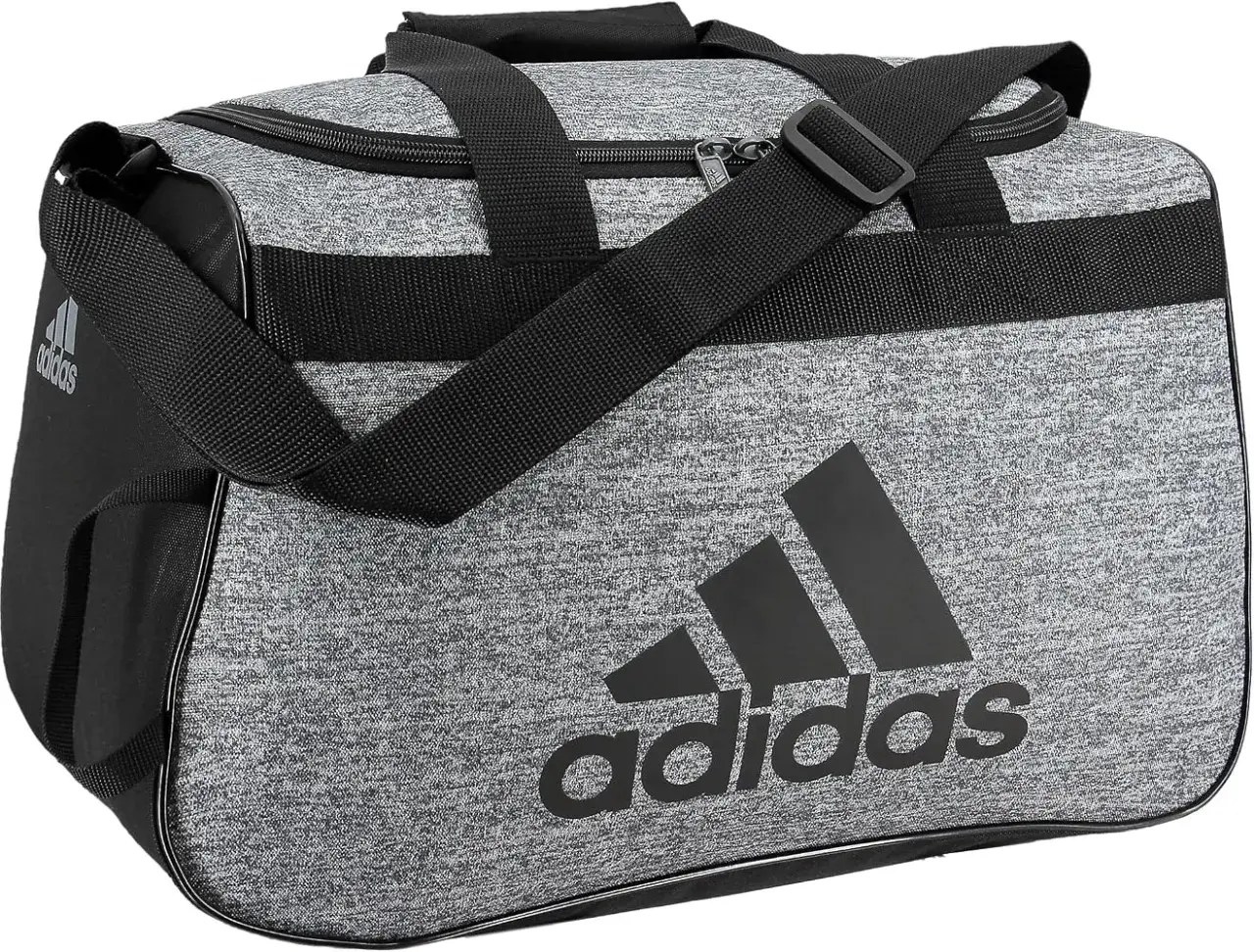 Borsone Adidas donna grigio melange con logo nero, perfetto per la palestra o il weekend.