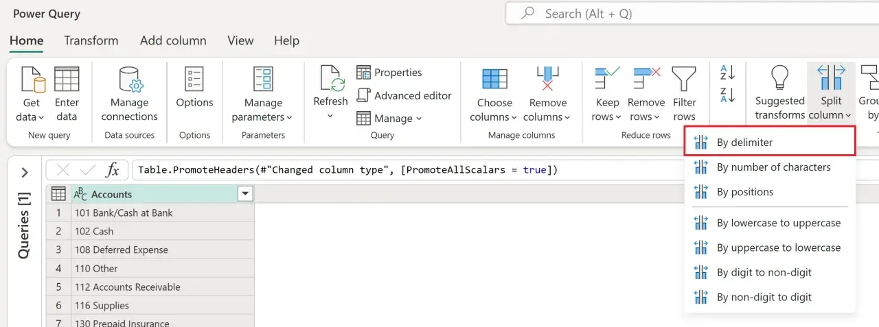 Interfaccia di Power Query con opzione "Dividi colonna per delimitatore" selezionata, utile per organizzare testo in colonne Excel.