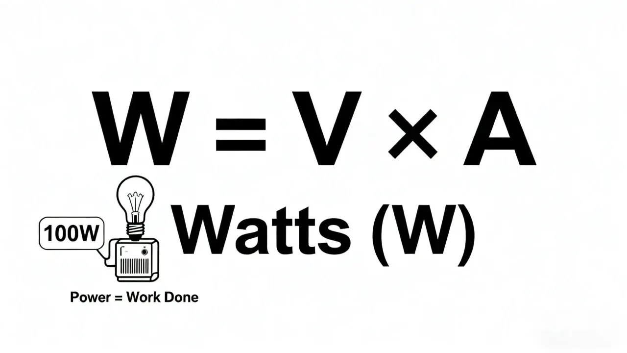 Wzór W=V×A wyjaśnia, jak obliczyć ampery z watów. Obok żarówki 100W i symbolu mocy.