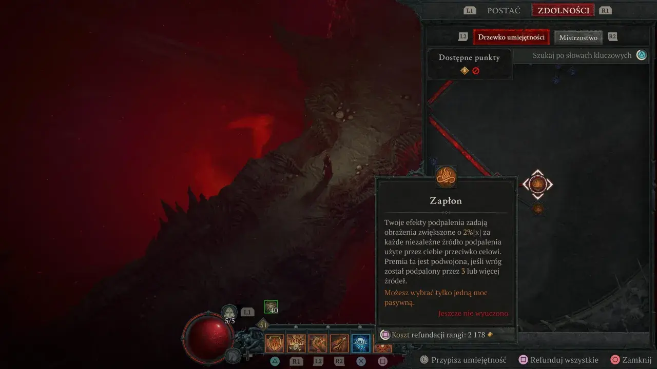 Diablo 2 czarodziejka build: drzewko umiejętności z pasywną mocą "Zapłon", zwiększającą obrażenia od podpalenia.