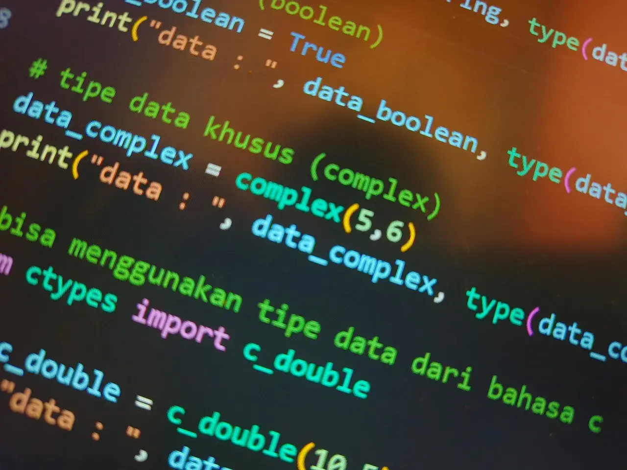 Code Python affichant des types de données complexes. On y voit des exemples de `complex(5,6)` et l'importation de `c_double` pour obtenir la taille de fichier.