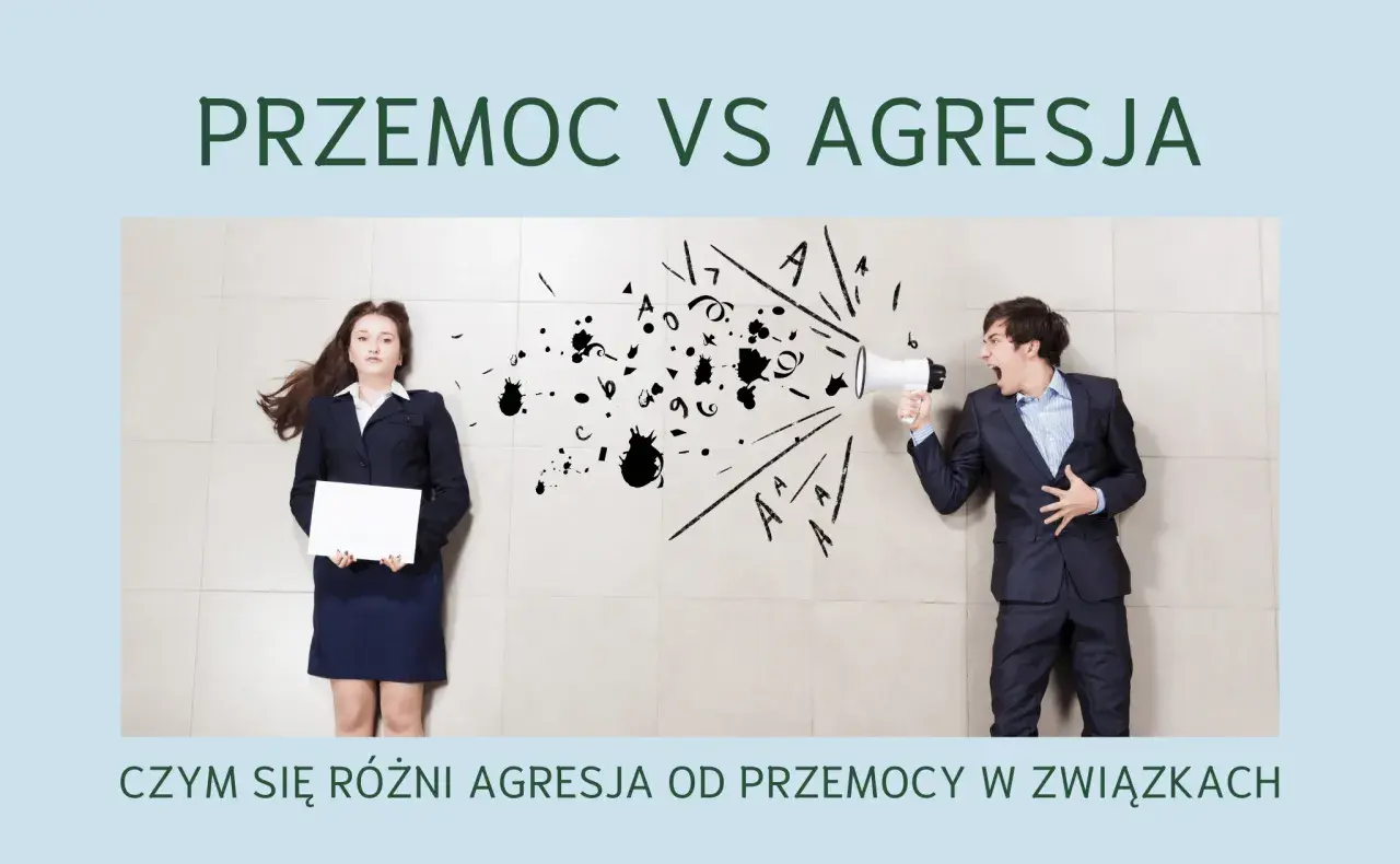 Mężczyzna krzyczy przez megafon, a kobieta leży na ziemi z pustą kartką. Obraz ilustruje przemoc vs agresja, pokazując ich definicję w relacjach.