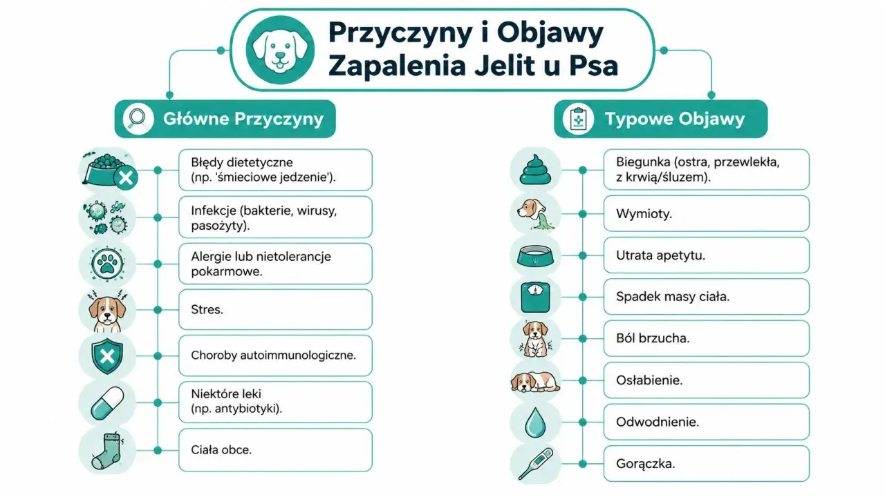 Biegunka u psa, w tym luźny stolec z krwią, to jeden z objawów zapalenia jelit.