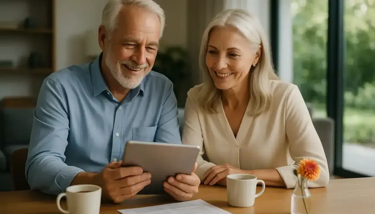 Couple âgé souriant regardant une tablette, discutant jusqu'à quel âge peut-on emprunter au Crédit Agricole.