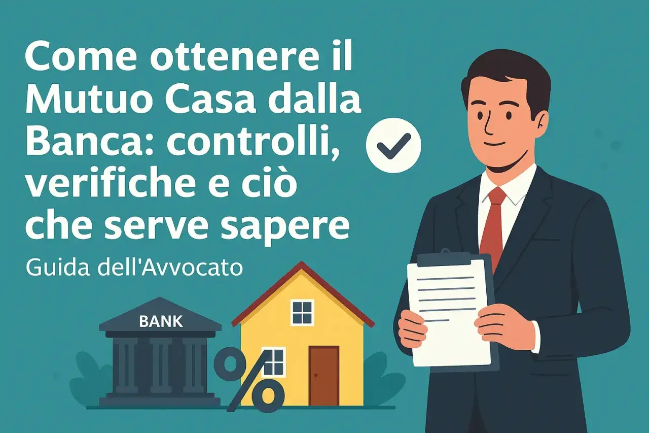 Uomo in giacca e cravatta con appunti, banca, casa e simbolo percentuale: guida alla fattibilità mutuo.