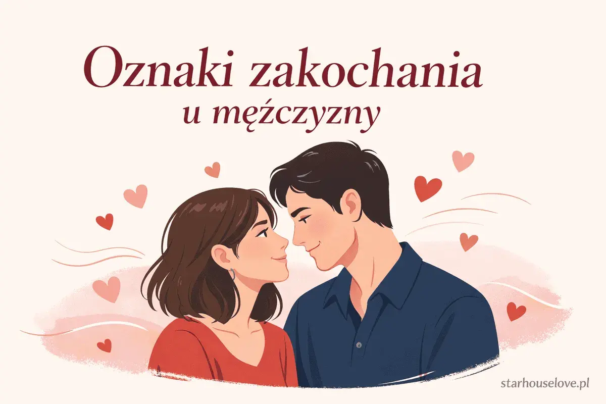 Uśmiechnięty mężczyzna patrzy na kobietę, która mu się podoba. Wokół unoszą się serduszka, symbolizując uczucia.