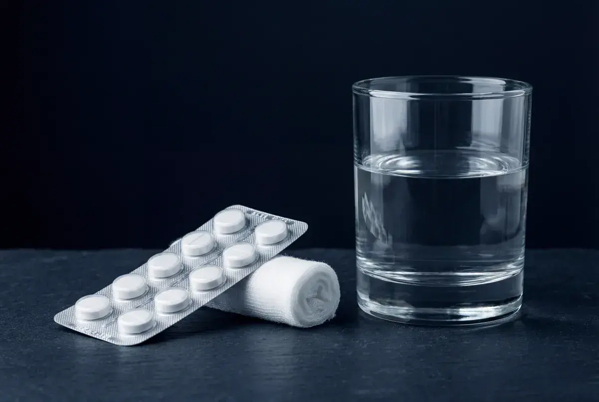Confezione di farmaci per mal di denti, rotolo di garza e bicchiere d'acqua su sfondo scuro.