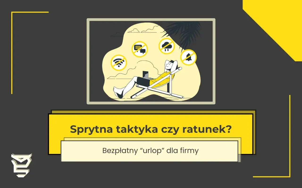 Człowiek na leżaku z laptopem, otoczony ikonami symbolizującymi zawieszenie działalności: brak Wi-Fi, wiadomości, deszczu i dzwonka.