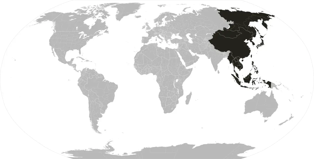 Mapa świata z zaznaczonymi krajami dalekiego wschodu, obejmującymi Chiny, Koreę, Japonię i część Azji Południowo-Wschodniej.