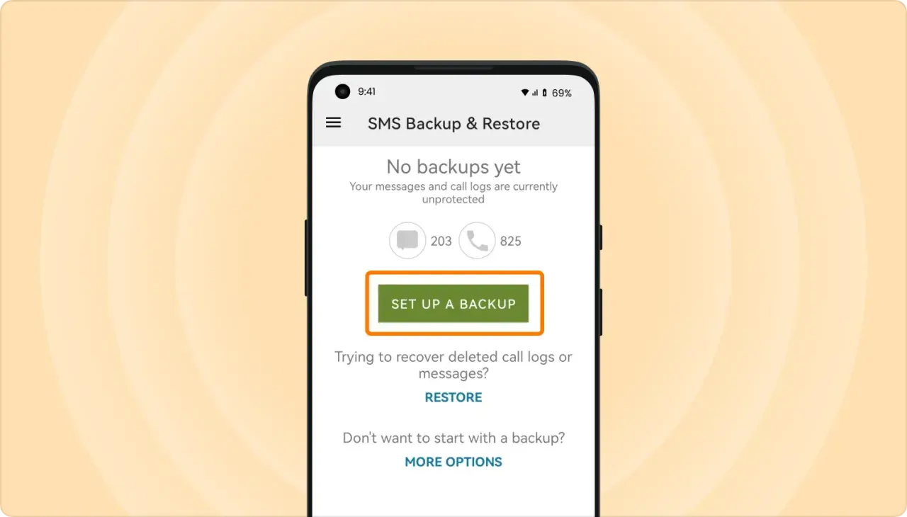 Aplikacja SMS Backup & Restore pokazuje brak kopii zapasowych. Kliknij "SET UP A BACKUP", aby zabezpieczyć swoje dane.
