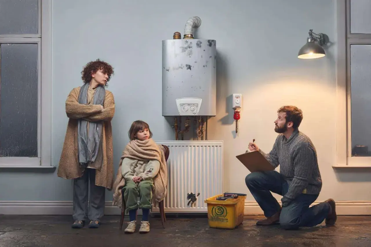 Un technicien évalue une vieille chaudière. Une mère et son enfant emmitouflés attendent, car le propriétaire ne veut pas changer la chaudière.