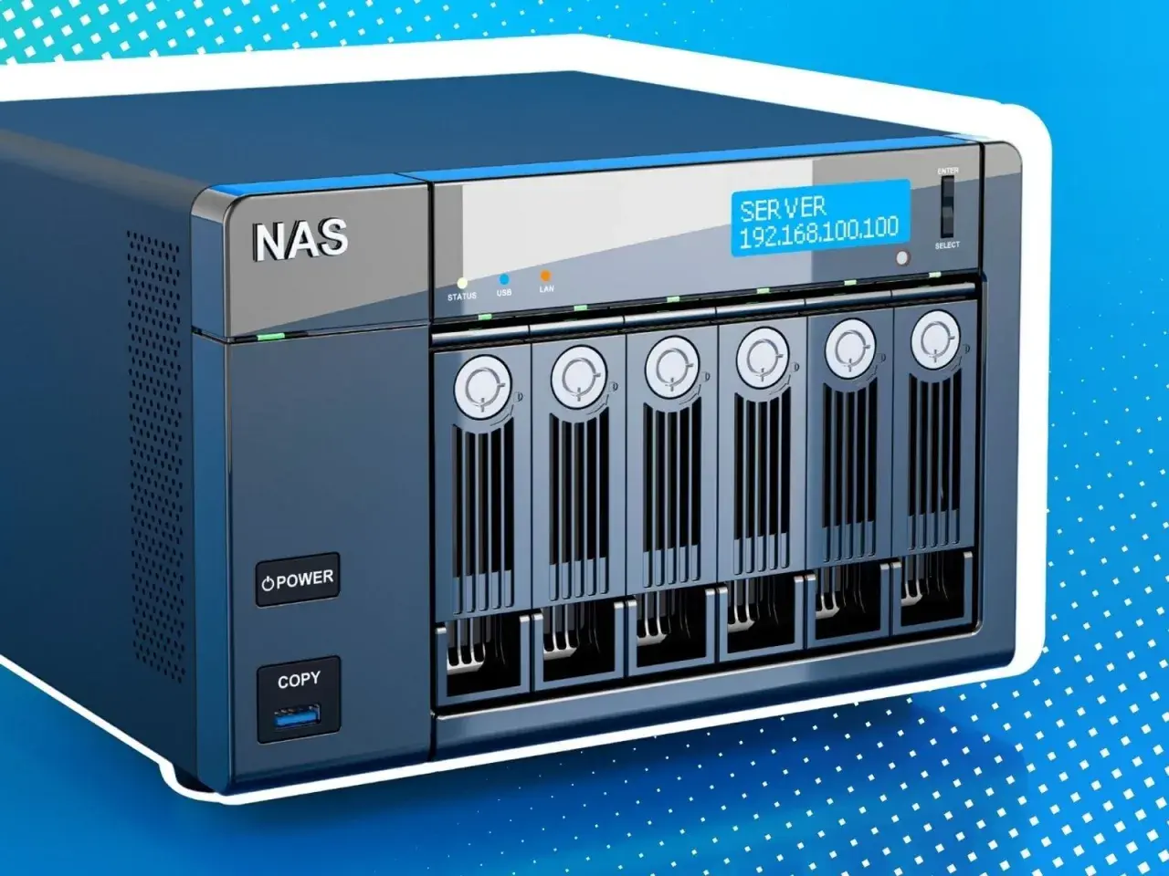 NAS-System mit sechs Laufwerksschächten, bereit für RAID 1e-Konfigurationen.