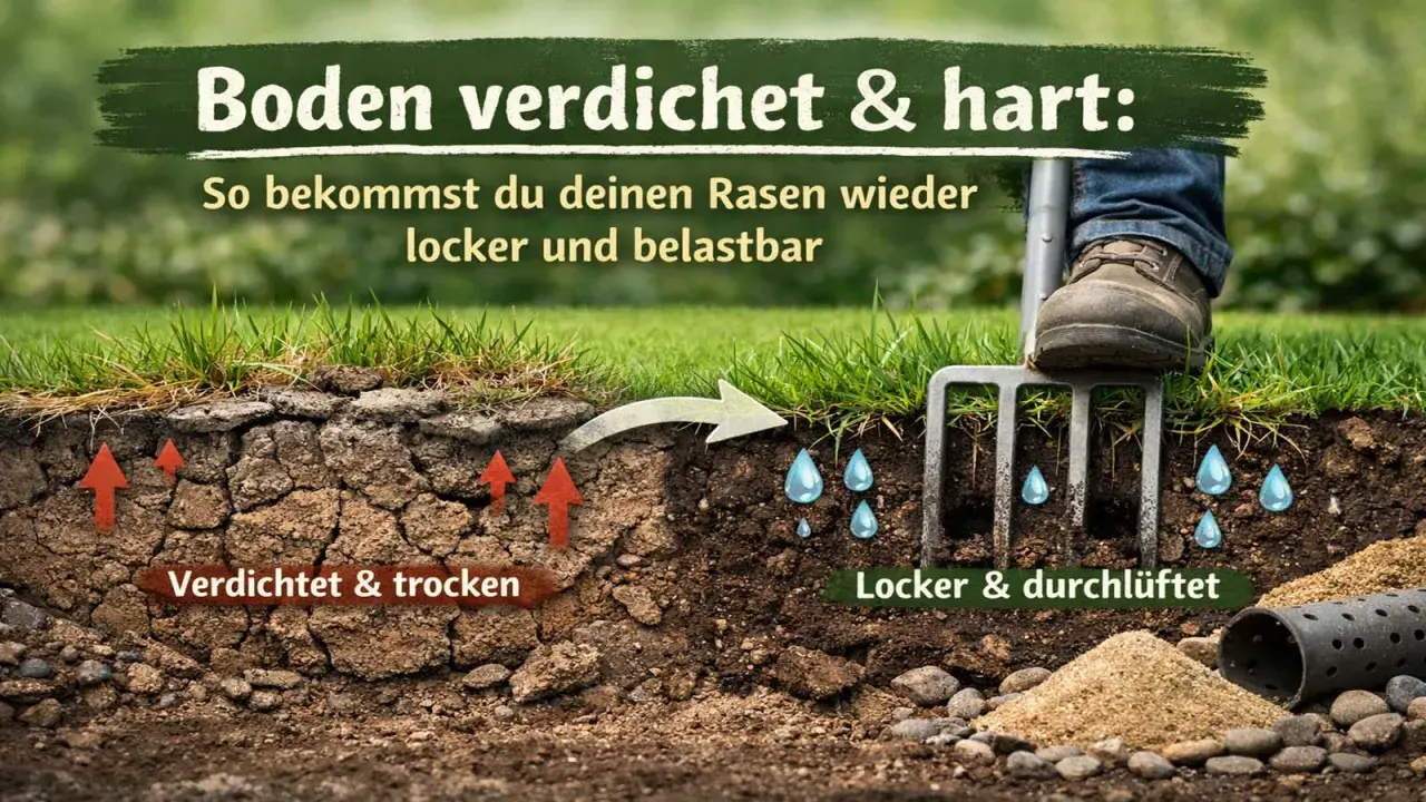 Ein Rasengabel lockert verdichteten Boden auf, damit er wieder locker und durchlüftet ist.