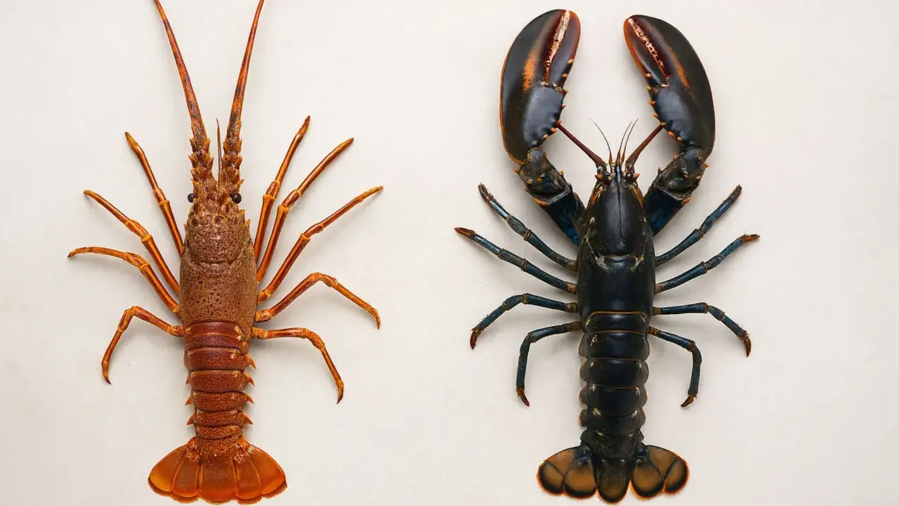 Dos crustáceos marinos, uno rojizo y largo, y otro oscuro con grandes pinzas. Así es un bogavante.