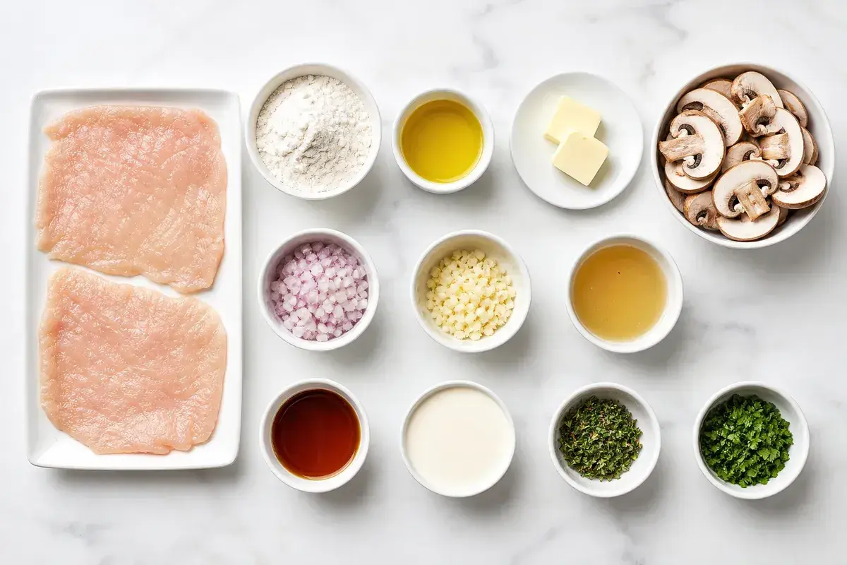 Ingredienser för pasta marsala: kycklingfiléer, mjöl, olivolja, smör, schalottenlök, vitlök, buljong, marsalavin, grädde, timjan och persilja.