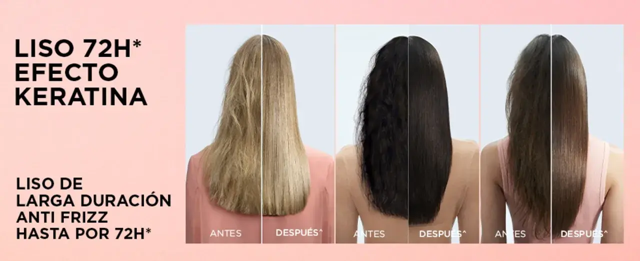 Tres mujeres muestran su cabello antes y después de un tratamiento de keratina, logrando un liso perfecto y duradero.