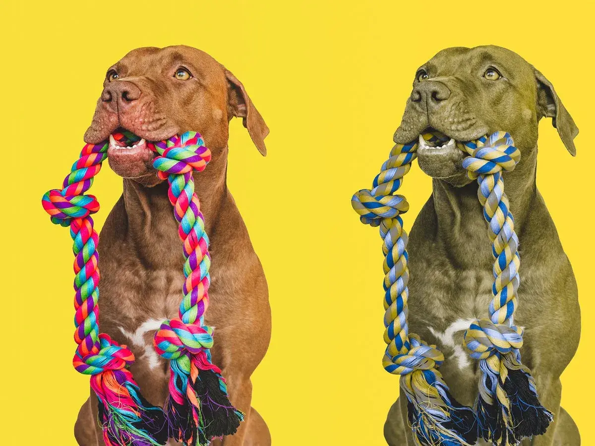 Two dogs, one brown and one grey, chew on colorful ropes. This image hints at how dogs see the world, focusing on textures and movement.
